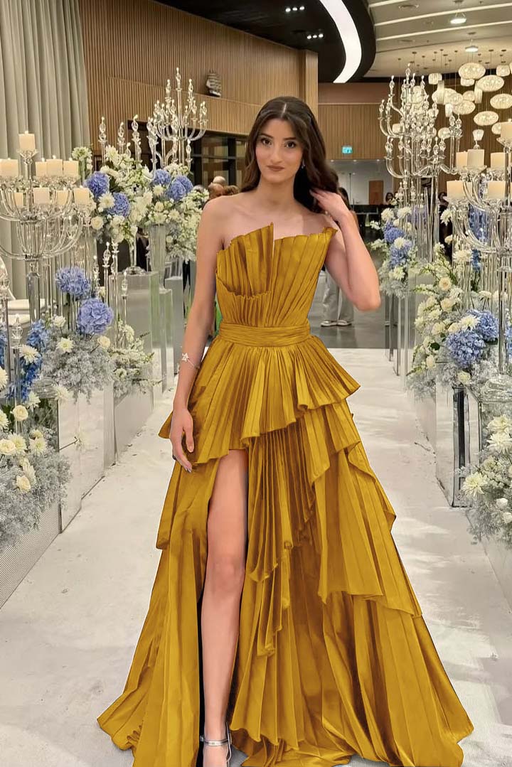 Charming Strapless Sleeveless Long Split Prom Dress With Pleated MS0456