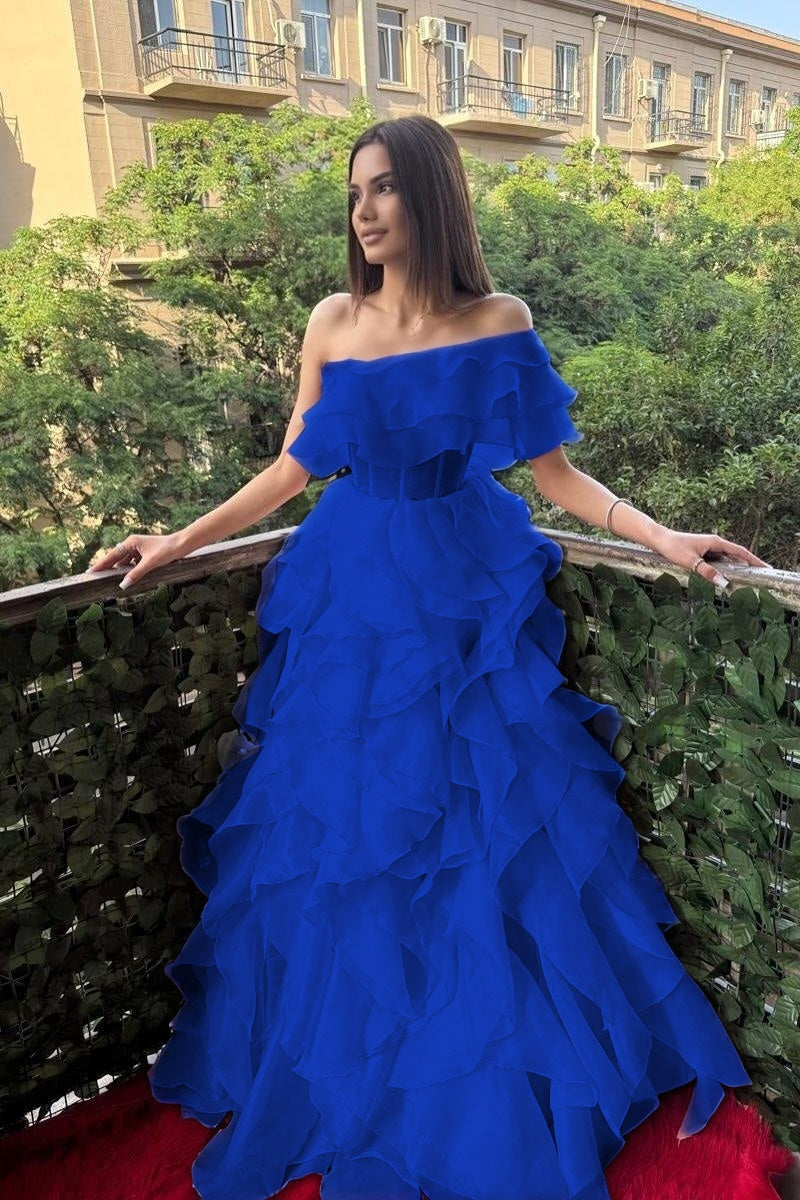 Cocoslly One Shoulder Sleeveless High Waist Long Prom Dress With Ruffles | Pink Chiffon XJ0753