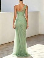 Green Chiffon One Shoulder Sleeveless Sheath Floor-length Gown Dress