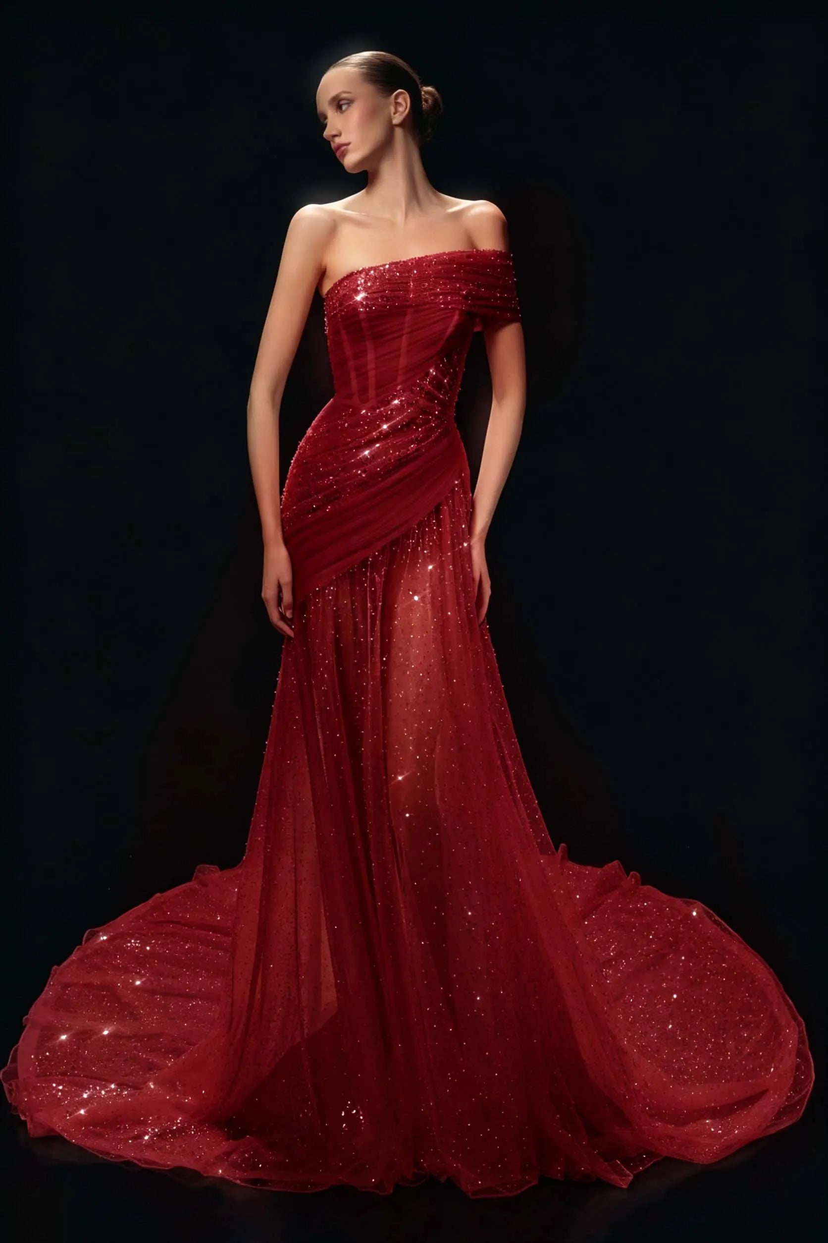 Cocoslly One Shoulder Sleeveless High Waist Long Prom Dress With Sequins | White Tulle YC0569