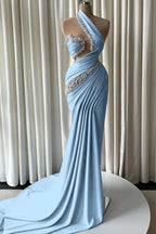 Cocoslly One Shoulder Sleeveless High Waist Long Mermaid Prom Dress With Pearls | Dusty Blue Satin JZ0162