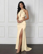 Cocoslly Halter Sleeveless High Waist Long Prom Dress With Split And Pleated | White Satin LX0111