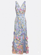 Light Blue Floral Embroidered Classic V Neck Sleeveless A-Line Floor-length Gown Dress