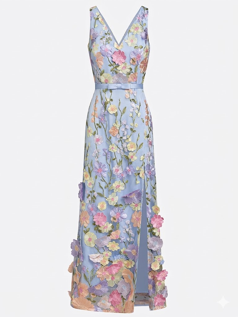 Light Blue Floral Embroidered Classic V Neck Sleeveless A-Line Floor-length Gown Dress