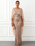 Champagne Glitter Sequin Crew Neck Cap Sleeve Sheath Floor-length Gown Dress