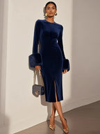 Navy Blue Slit Velvet Crew Neck Faux Fur Long Sleeve Sheath Midi Dress