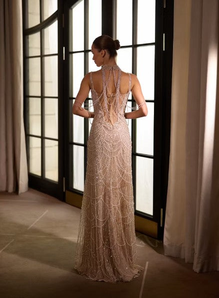 Cocoslly Spaghetti Straps Sleeveless High Waist Long Prom Dress With Rhinstone And Beading Pearls | Nude Sequins LX0091