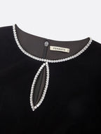 Black 3D Floral Rhinestone Velvet Crew Neck Long Sleeve Sheath Mini Dress