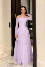 Cocoslly Strapless Long Sleeves High Waist Long Prom Dress With Pleated | Ink Blue Lace YC0488