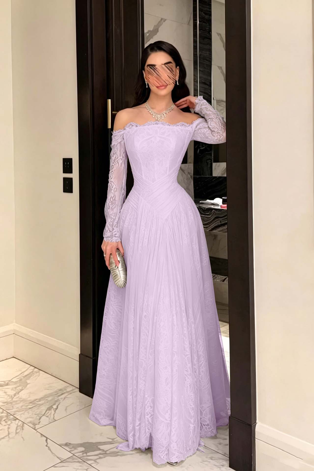 Cocoslly Strapless Long Sleeves High Waist Long Prom Dress With Pleated | Ink Blue Lace YC0488