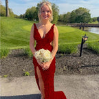 Cocoslly Straps V-Neck Sleeveless High Waist Long Prom Dress With Split | Champage Glod Sequins ZT0893