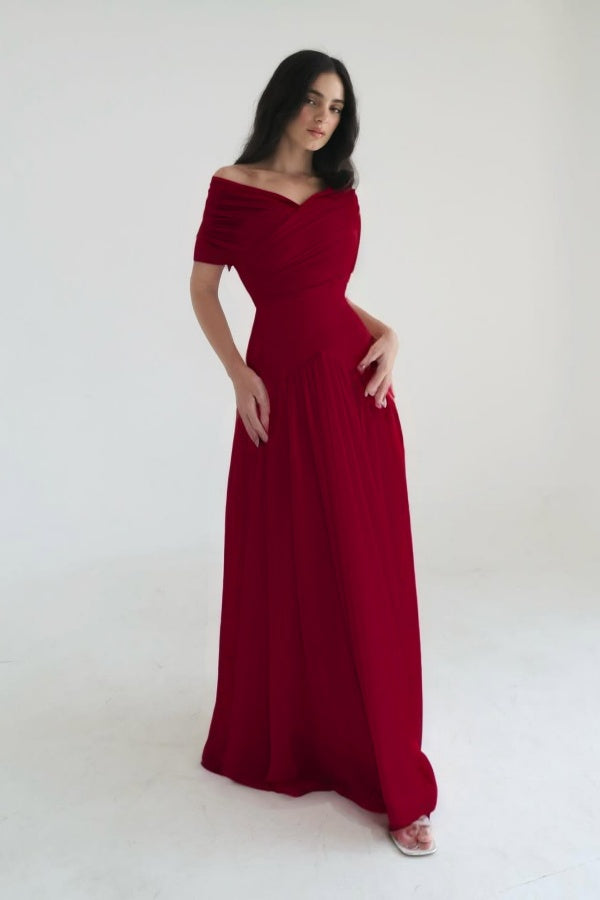 Chiffon Off the Shoulder Sleeveless Long Prom Dress With Pleated WQ0385
