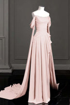 Cocoslly Off-The-Shoulder Pleated Long Prom Dress With Trailing On Both Sides | Purple Satin ZT0580