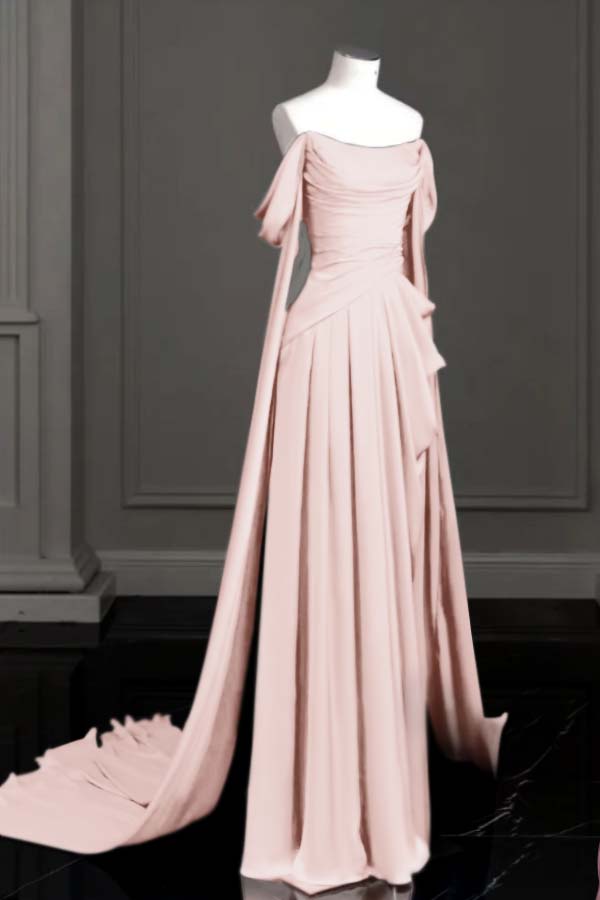 Cocoslly Off-The-Shoulder Pleated Long Prom Dress With Trailing On Both Sides | Purple Satin ZT0580
