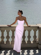 Cocoslly Strapless Sleeveless High Waist Long Prom Dress With Appliques | Pink Satin LX0113