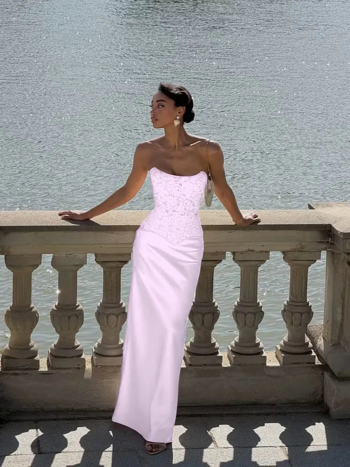 Cocoslly Strapless Sleeveless High Waist Long Prom Dress With Appliques | Pink Satin LX0113