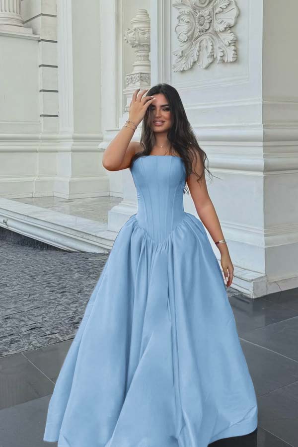 Cocoslly Simple Strapless Sleeveless Long A-line Prom Dress | Fuchsia Satin ZT0713