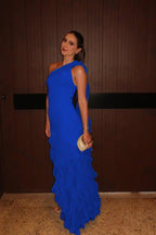Cocoslly One Shoulder Sleeveless High Waist Long Prom Dress With Ruffles | Light Dusty Blue Chiffon LR0225