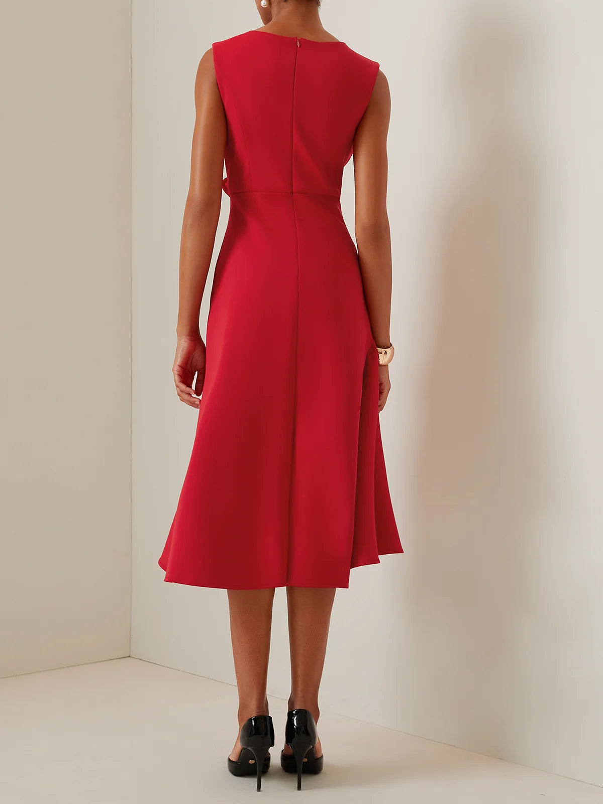 Red Sleeveless Midi Elegant A-line Dress with Waist Twist for Day-to-Night