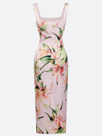 Pink Floral Satin Square Neck Sleeveless Sheath Midi Dress