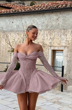 Cocoslly Strapless Long Sleeves Short Prom Dress With Appliques And Pleated | Daffodil Lace YQ0138