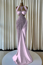 Cocoslly Halter Sleeveless High Waist Long Mermaid Prom Dress With Beading Pearls | Blush Champagne Satin JZ0163