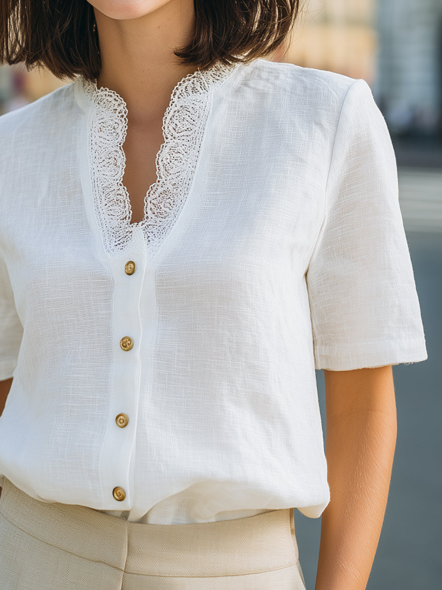 Lace-Trim V-Neck Button-Front Short Sleeve Blouse