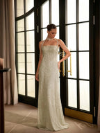 Cocoslly Spaghetti Straps Sleeveless High Waist Long Prom Dress With Rhinstone And Beading Pearls | Nude Sequins LX0091