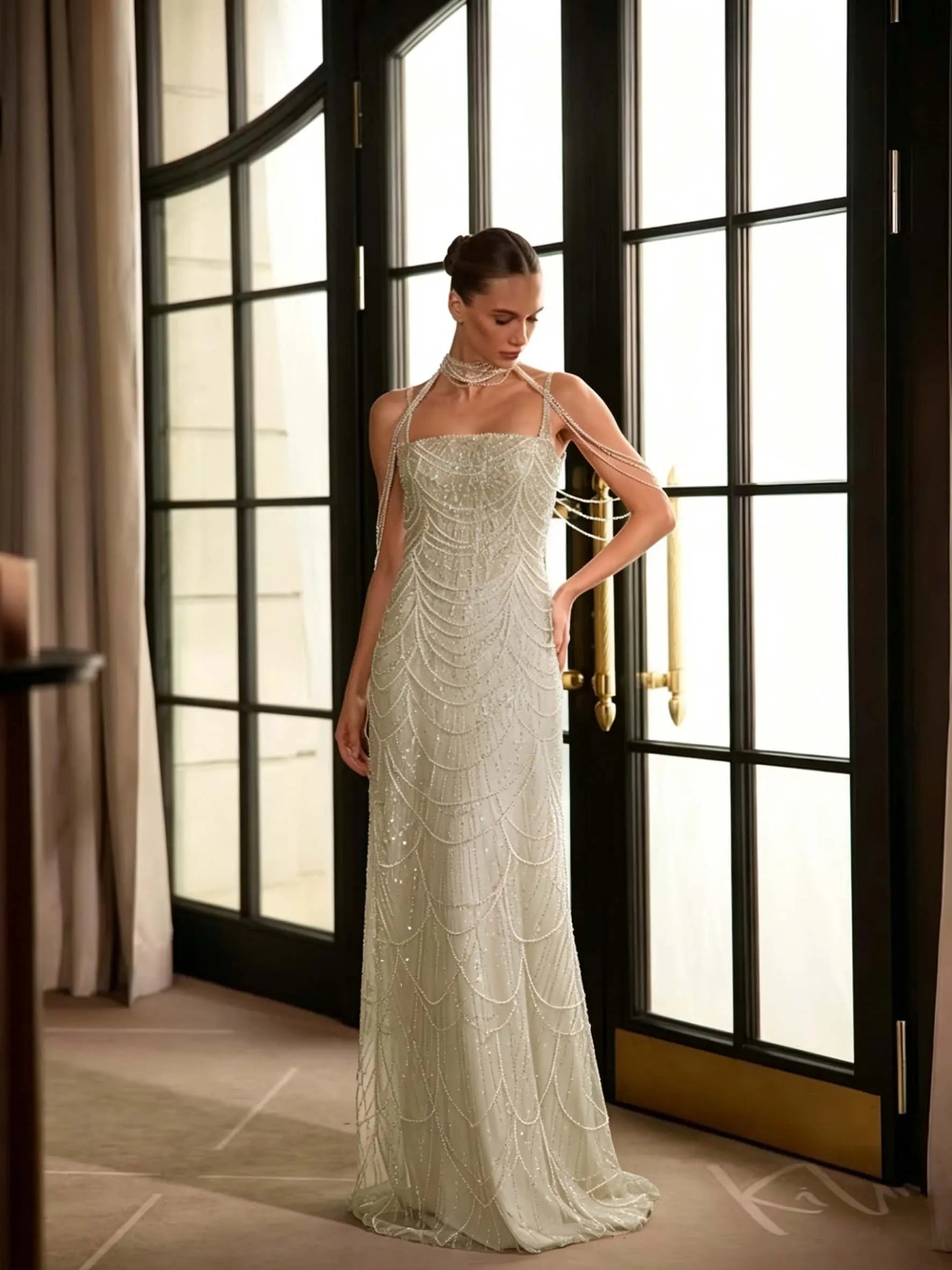 Cocoslly Spaghetti Straps Sleeveless High Waist Long Prom Dress With Rhinstone And Beading Pearls | Nude Sequins LX0091