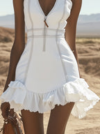 銆�24-hour shipping out銆慡tylish Casual White Denim Zipper Ruffle Trim Mini Dress