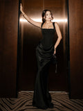 Cocoslly Spaghetti Straps Sleeveless High Waist Long Mermaid Prom Dress | Black Satin CO0118