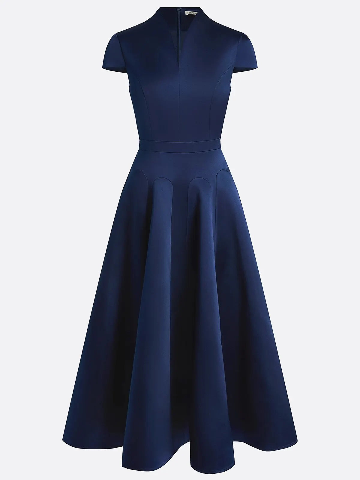 Navy Blue Satin Stand Collar Short Sleeve A-Line Maxi Dress