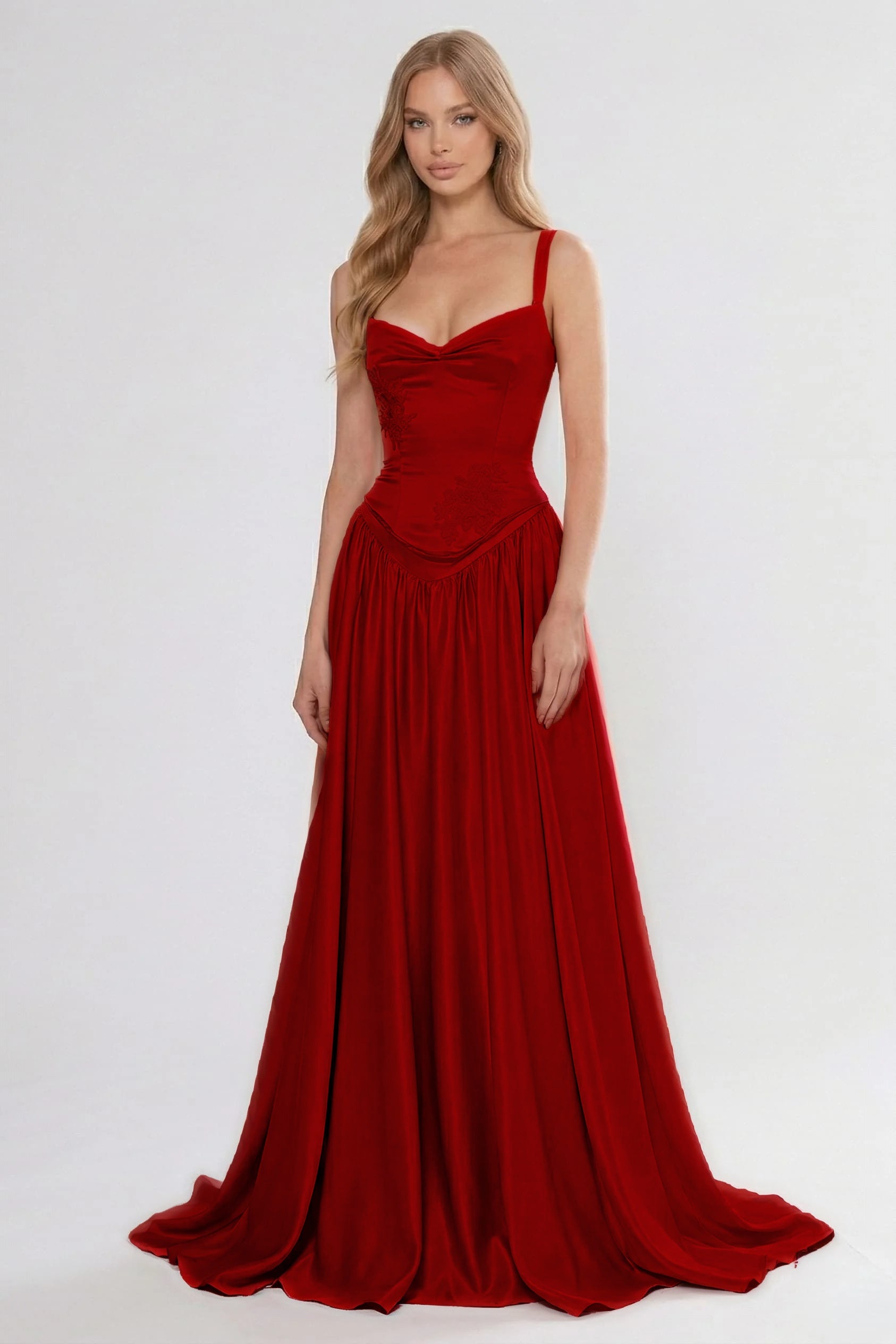 Cocoslly Spaghetti Straps Sleeveless High Waist Long Prom Dress With Appliques | Pink Satin