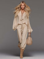 Elegant Flowing Versatile Tie-front V-neck Flared Sleeves Beige Chiffon Blouse And Pants Set