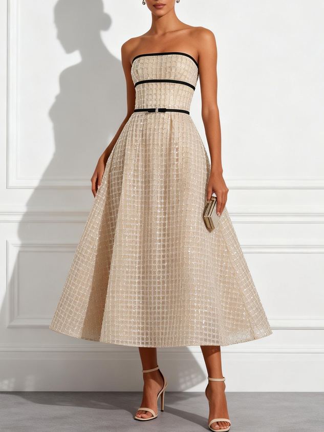 Champagne Glitter Beaded Sequin Strapless Sleeveless A-Line Midi Dress