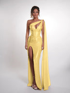Cocoslly One Shoulder Sleeveless High Waist Long Prom Dress With Deep Split | Nude Sequins JZ0150