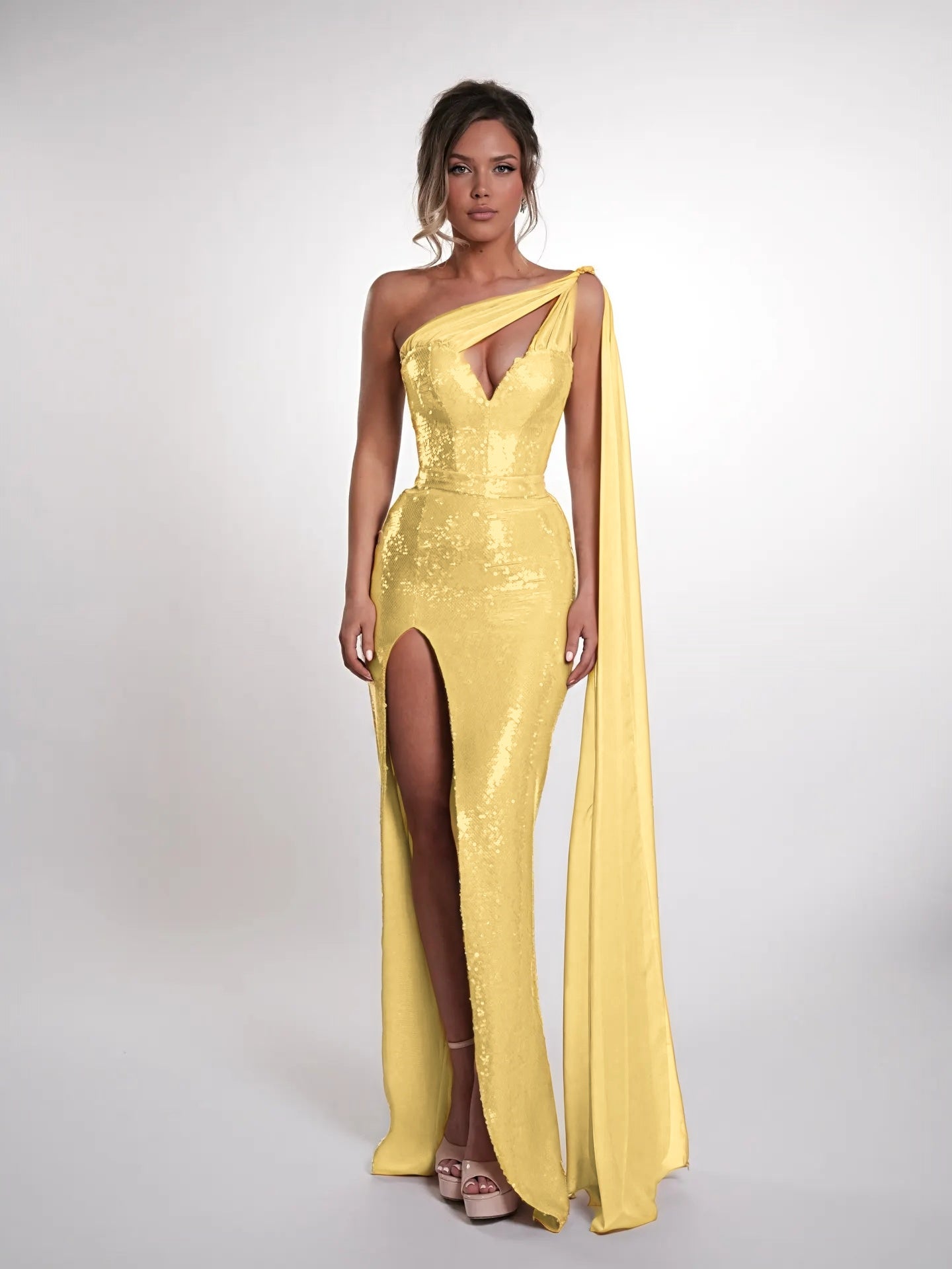 Cocoslly One Shoulder Sleeveless High Waist Long Prom Dress With Deep Split | Nude Sequins JZ0150
