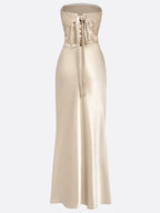Champagne Lace Jacquard Satin Strapless Sleeveless Mermaid Gown Dress