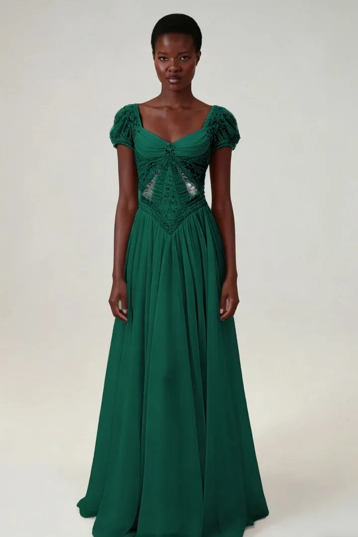 Cocoslly Short Sleeves High Waist Long Prom Dress With Rhinstone | Blushing Pink Chiffon LR0376