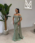 Cocoslly Off-The-Shoulder Long Pleated Mermaid Prom Dress With Beaded-Embroidered And Scarf | Dusty Sage Satin And Tulle ZA0306