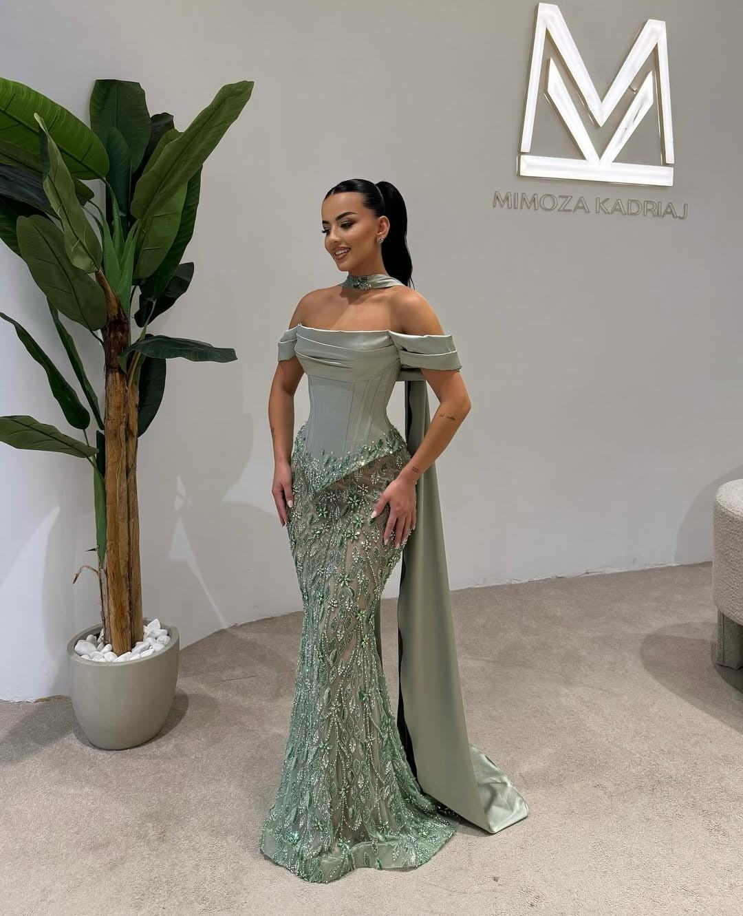 Cocoslly Off-The-Shoulder Long Pleated Mermaid Prom Dress With Beaded-Embroidered And Scarf | Dusty Sage Satin And Tulle ZA0306