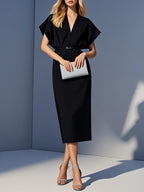 Black Slit Classic V Neck Short Sleeve Dolman Sleeve Sheath Midi Dress With Belt