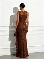 Brown Jacquard Classic Boat Neck Sleeveless Sheath Floor-length Gown Dress