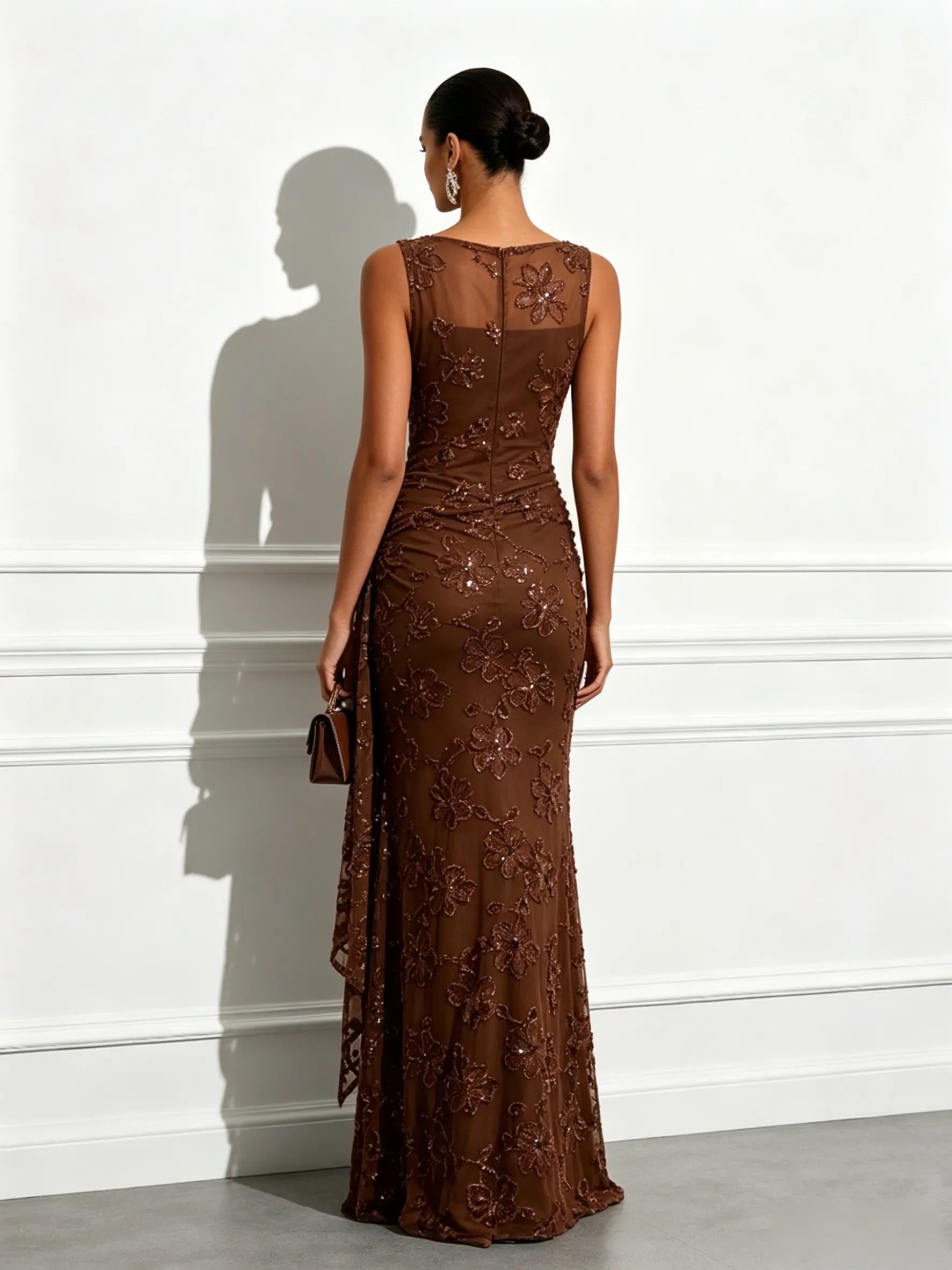 Brown Jacquard Classic Boat Neck Sleeveless Sheath Floor-length Gown Dress