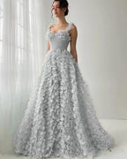 Tulle Square Neck Spaghetti Straps Sleeveless Long A-Line Prom Dress With Flower Appliques YK0613