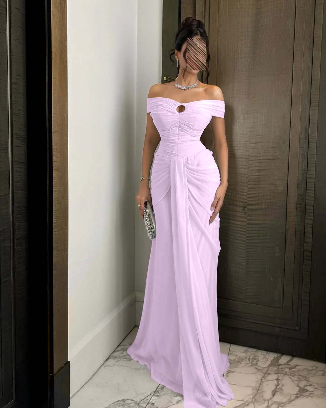 Chiffon Off-The-Shoulder Strapless Sleeveless Long Mermaid Prom Dress With Ruffles And Pleated YK0784