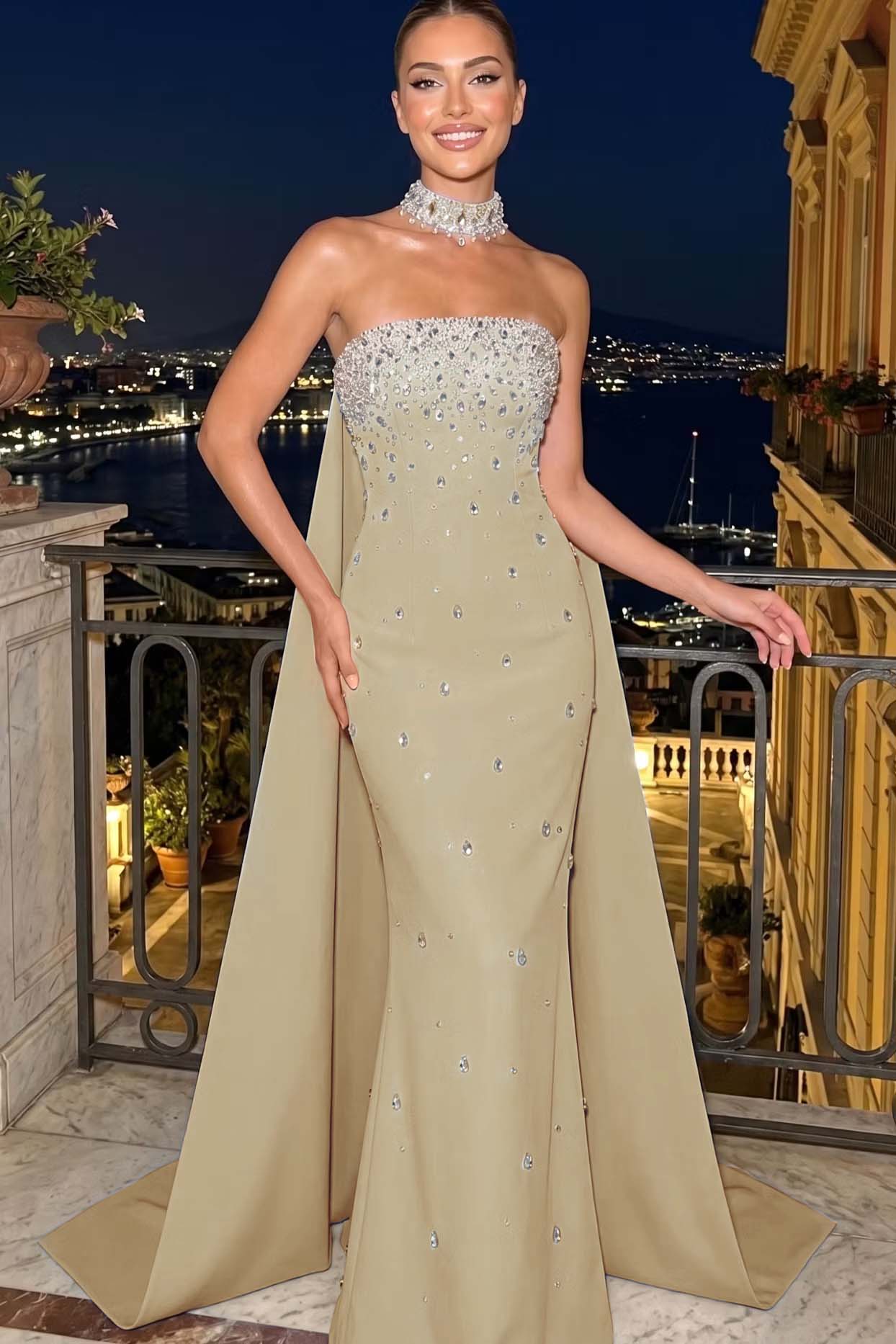 Cocoslly Strapless Sleeveless High Waist Long Mermaid Prom Dress With Rhinstone | Blue Satin YC0546