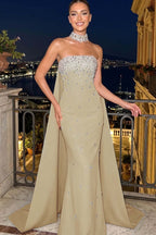 Cocoslly Strapless Sleeveless High Waist Long Mermaid Prom Dress With Rhinstone | Blue Satin YC0546
