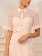 Pink Pleated Classic Shirt Collar Short Sleeve A-Line Midi Dress