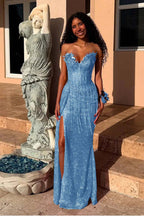 Red Strapless Sleeveless Long Mermaid Prom Dress With Sequins Split XJ0657